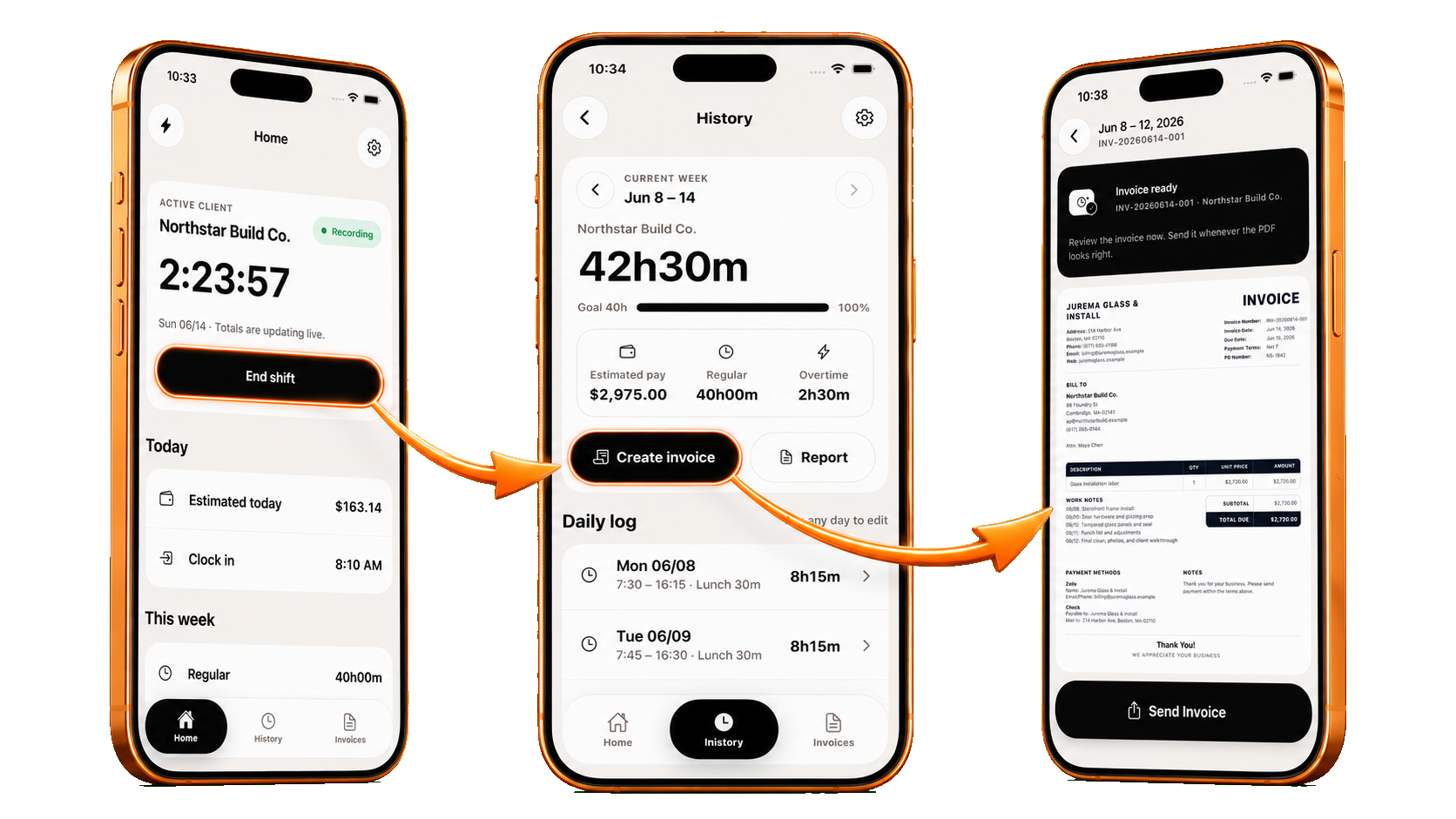 Power Tracker workflow from clocking in to reviewing weekly hours and sending an invoice