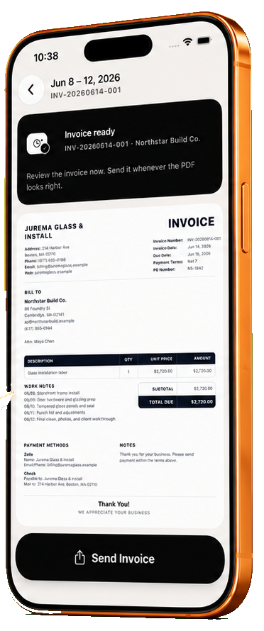 Power Tracker invoice preview screen showing a ready invoice and send invoice button
